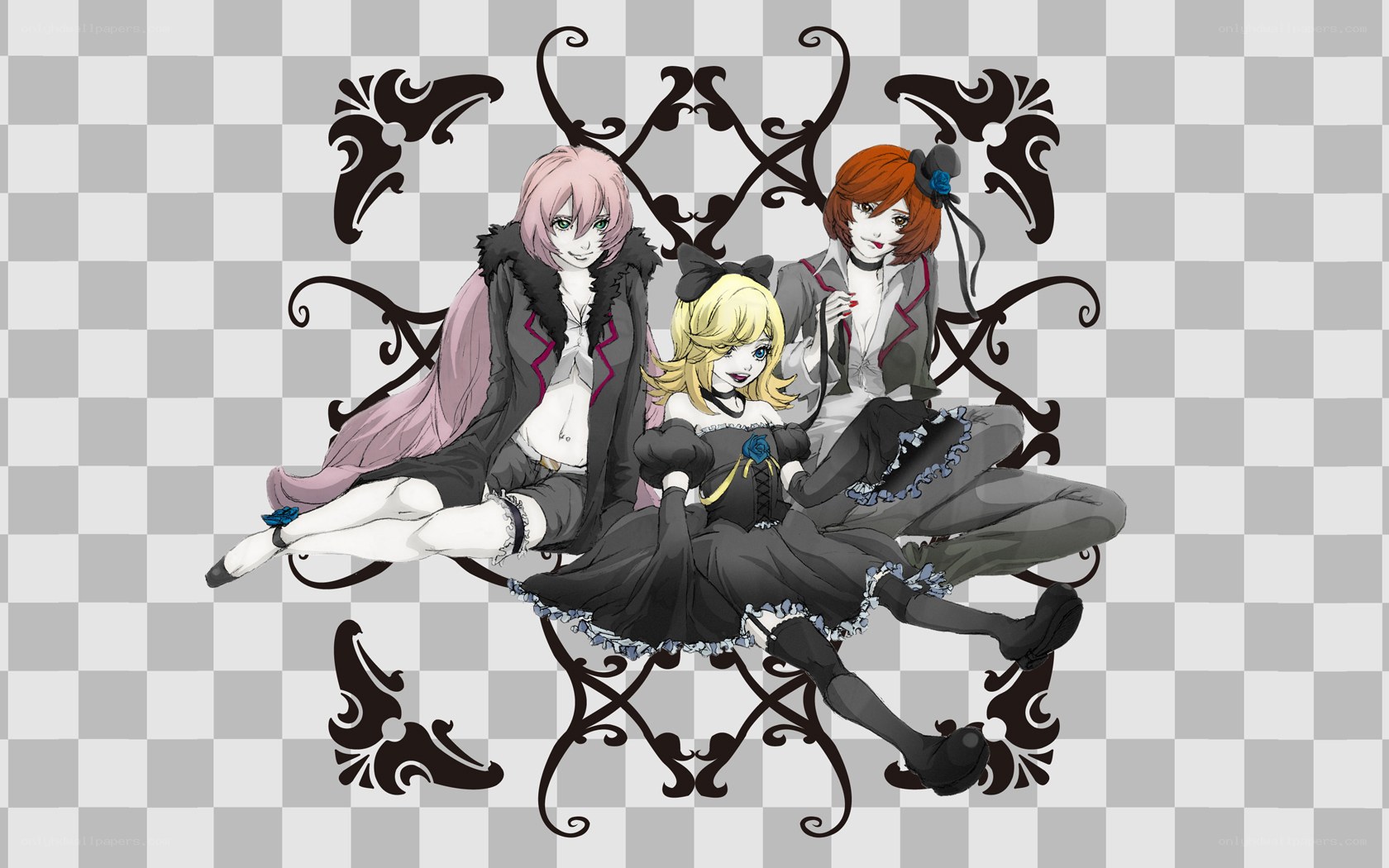 three anime girls on a bench