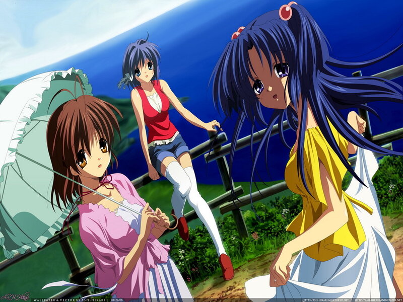 Three Anime Girls on a Bridge — Blue