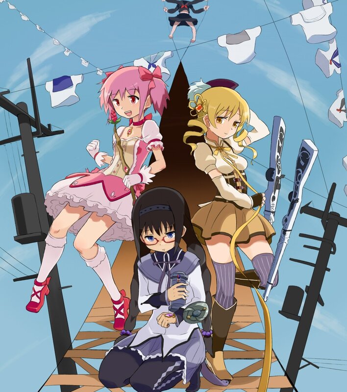 Three anime girls on a bridge