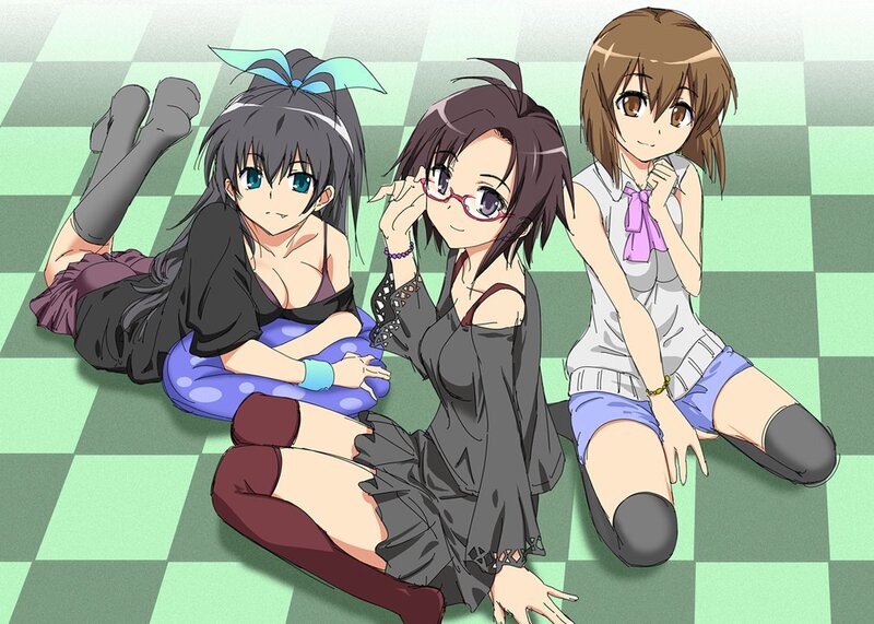 Three anime girls on a checkered floor