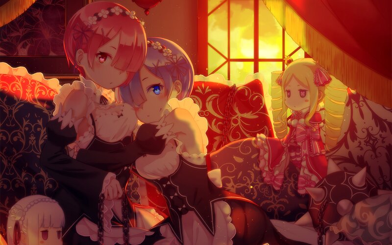 Three Anime Girls on a Couch — Red