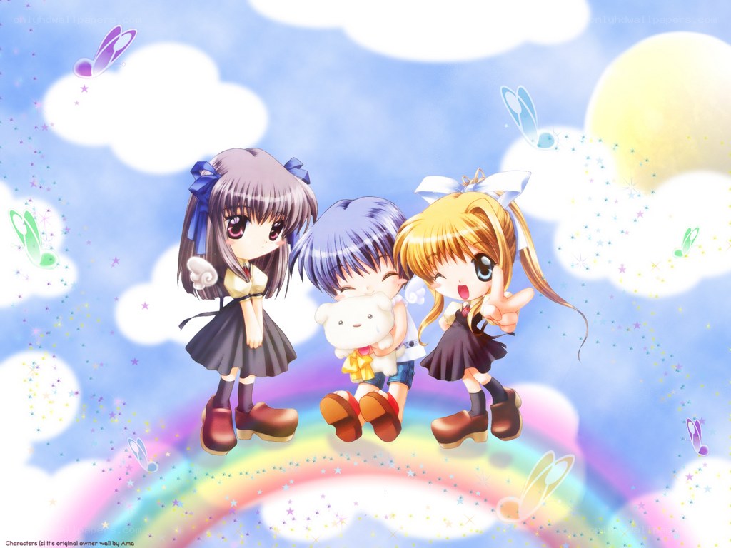 Three anime girls on a rainbow