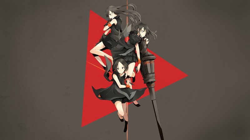 three anime girls on a red triangle
