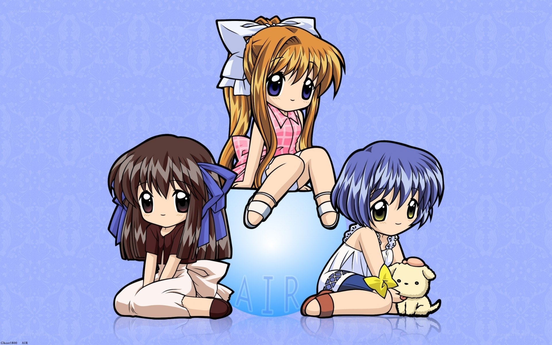 three anime girls on a sphere