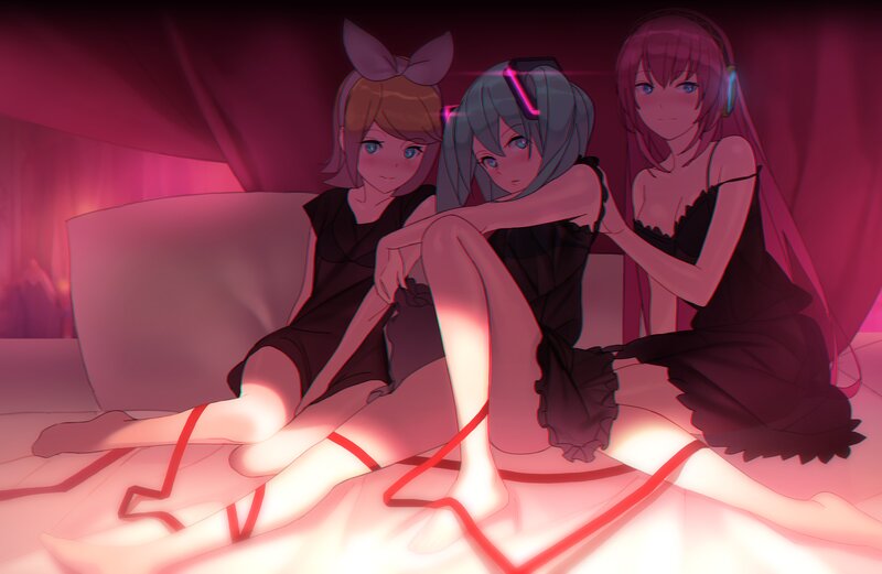 Three Anime Girls on Bed — Pink, Intimate