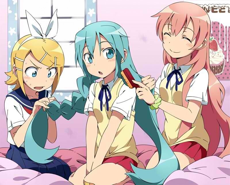 Three Anime Girls on Bed — Pink, Playful