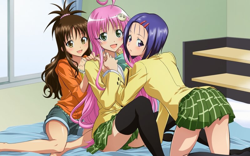 Three Anime Girls on Bed — Pink, Playful, Window