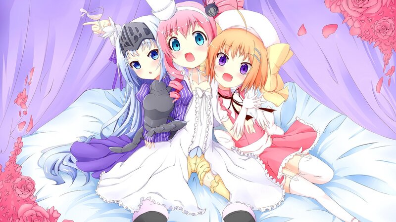 Three Anime Girls on Bed — Purple, Playful