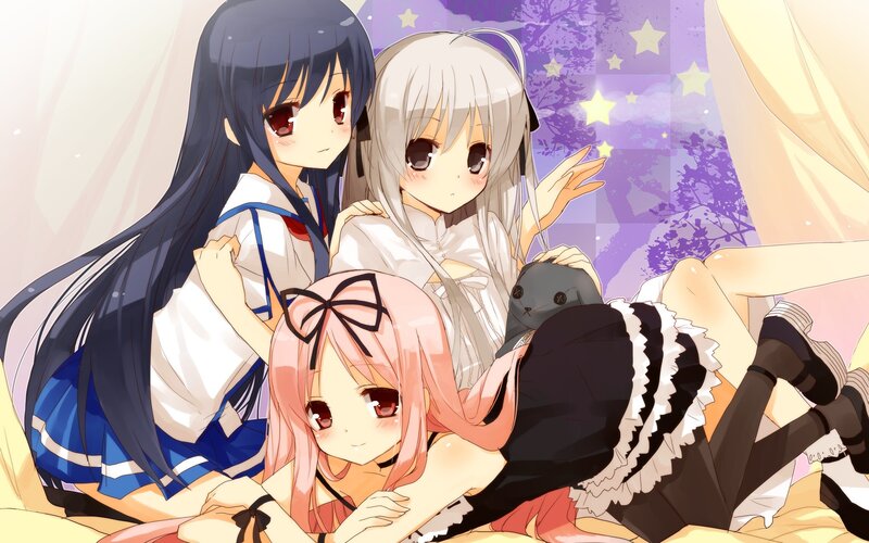 Three Anime Girls on Bed — Purple