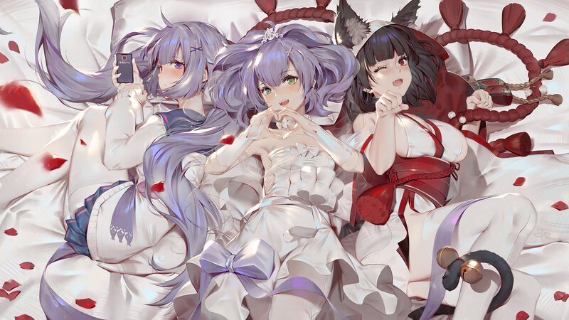 Three Anime Girls on Bed — White, Playful, Digital Art