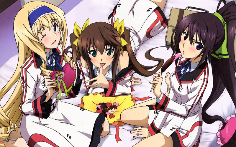 Three Anime Girls on Bed — White