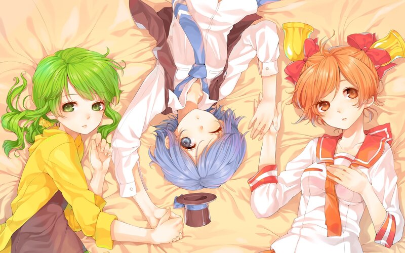 Three Anime Girls on Bed — Yellow, Calm