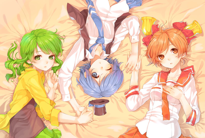 Three Anime Girls on Bed — Yellow