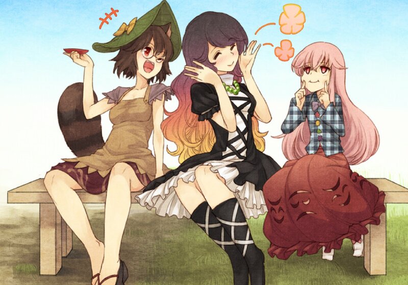 Three Anime Girls on Bench — Green