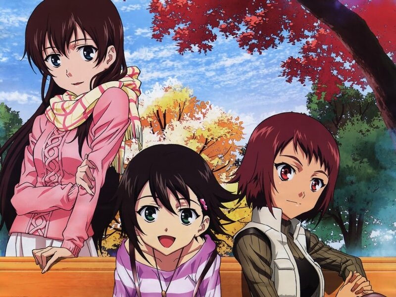 Three Anime Girls on Bench