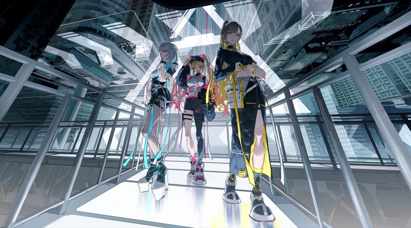 Three Anime Girls on Bridge