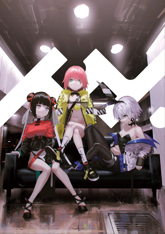 Three Anime Girls on Couch — Black