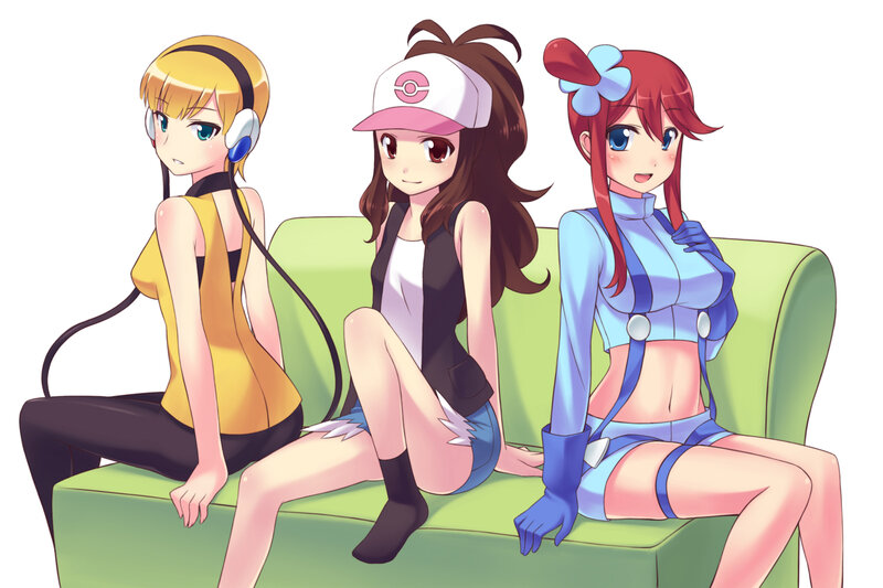 Three Anime Girls on Couch — Green