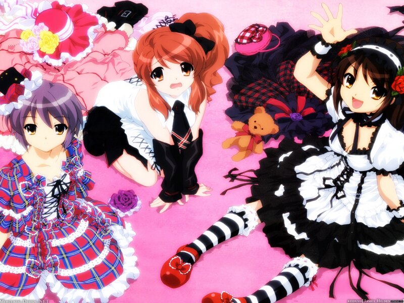 Three Anime Girls on Floor — Pink