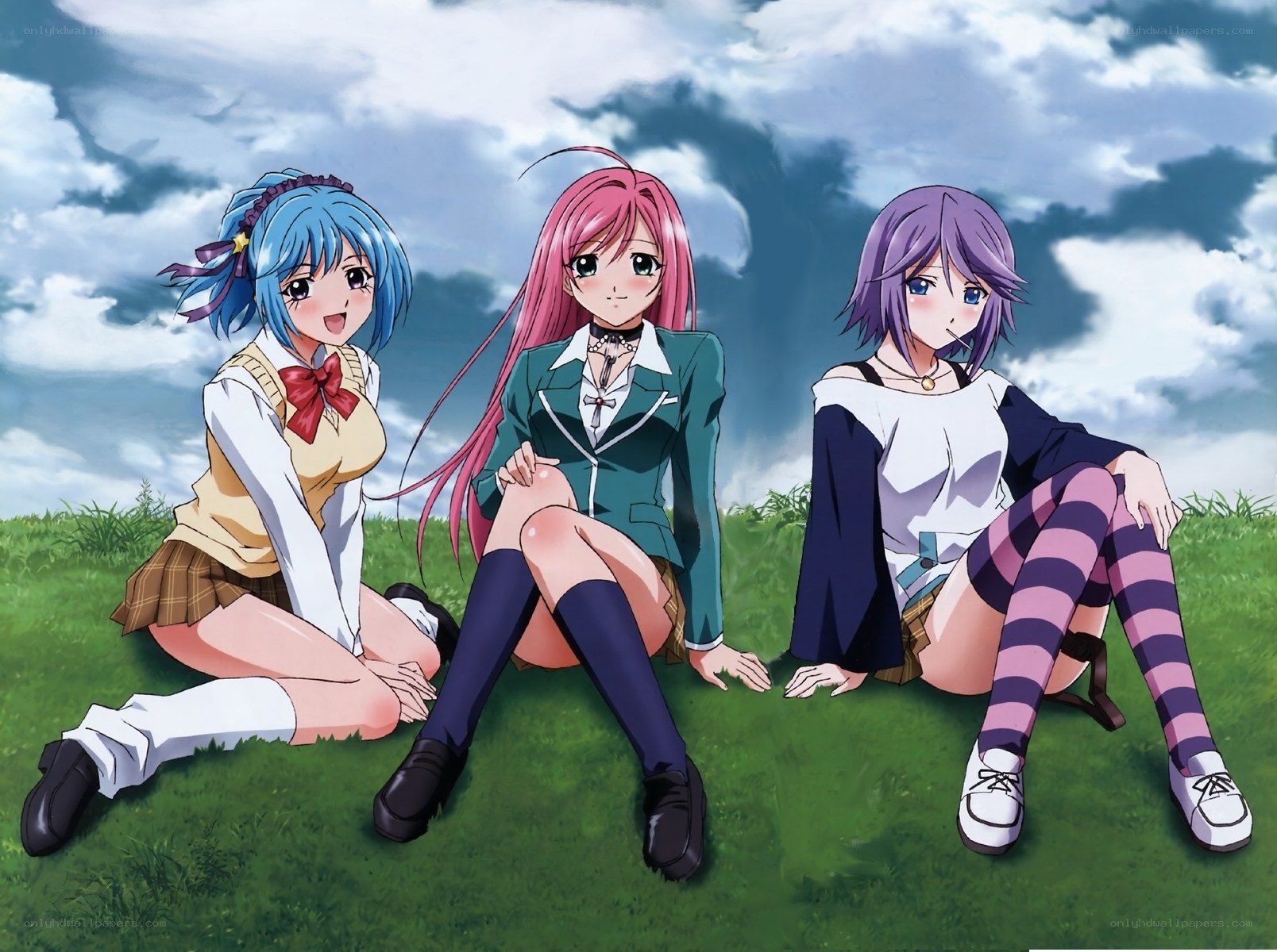 three anime girls on grass