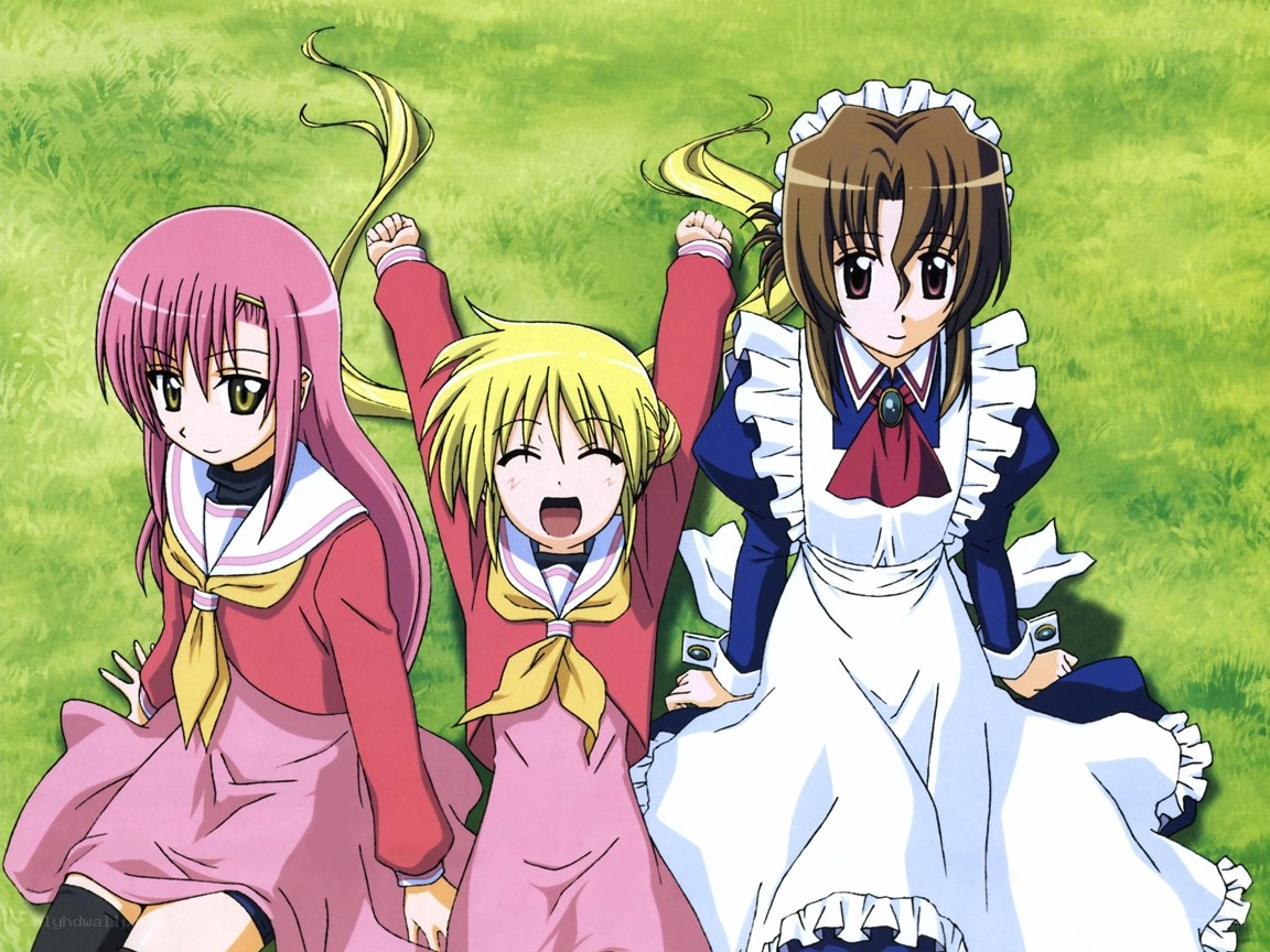three anime girls on grass