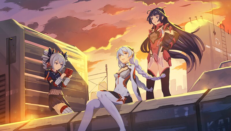 Three Anime Girls on Rooftop