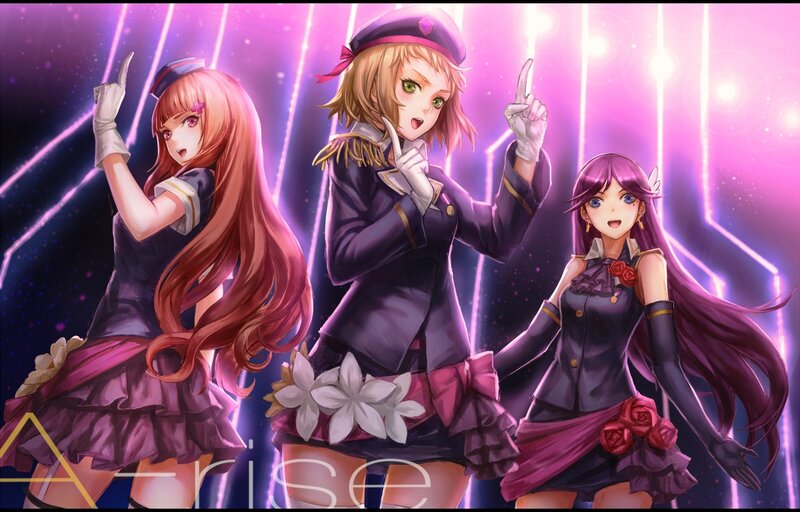 Three Anime Girls on Stage — Purple, Energetic