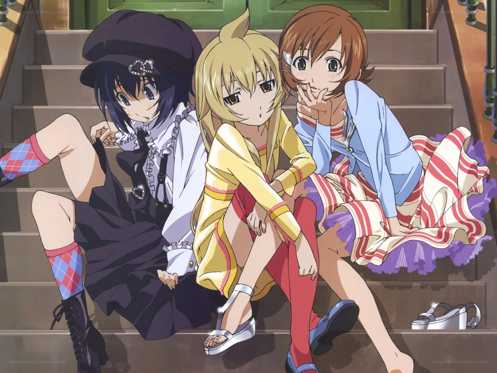 three anime girls on stairs