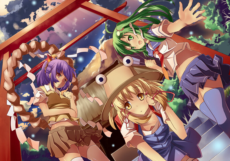 Three Anime Girls on Stairs — Green