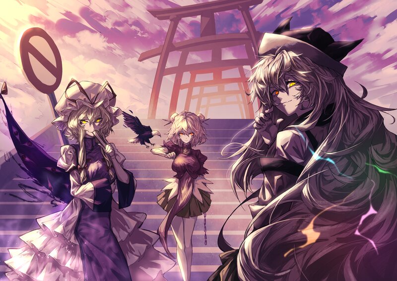 Three Anime Girls on Stairs — Purple, Dramatic, Sunset