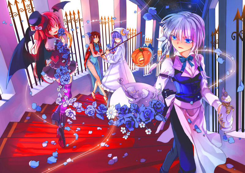 Three Anime Girls on Stairs — Purple
