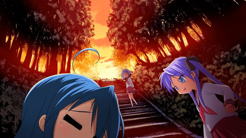 Three Anime Girls on Stairs — Red