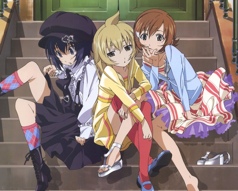 Three anime girls on stairs