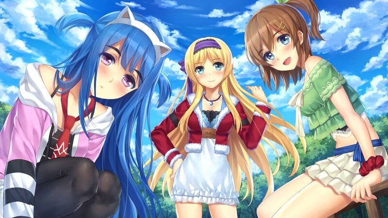 Three Anime Girls Outdoors — Blue, Bright