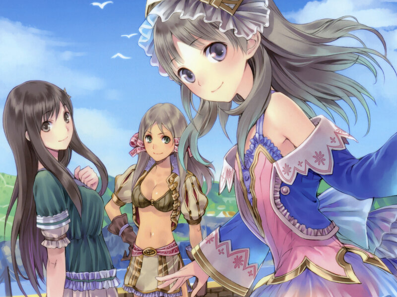 Three Anime Girls Outdoors — Blue, Serene