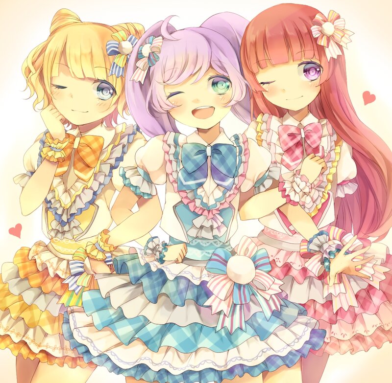 Three Anime Girls — Pink, Cheerful, Bows, Ruffles