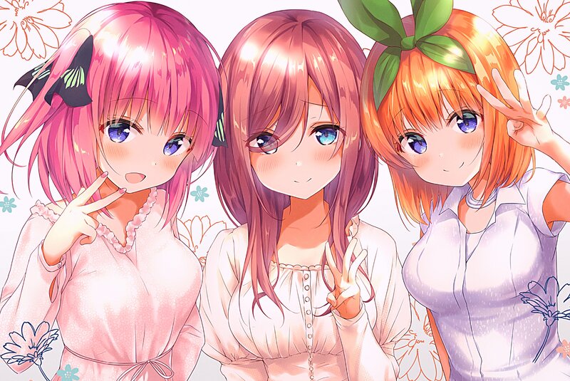 Three Anime Girls — Pink, Cheerful, Flowers, Peace Sign