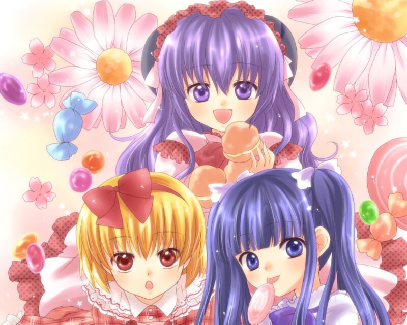 Three Anime Girls — Pink, Cheerful, Flowers