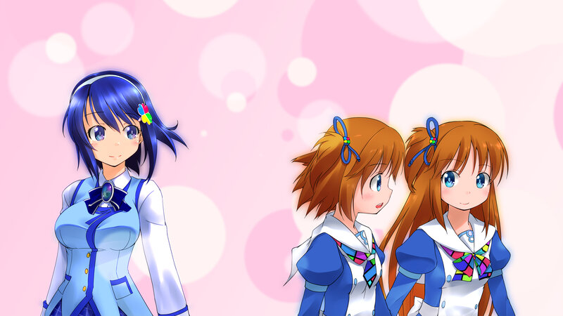Three Anime Girls — Pink, Cheerful, School Uniforms, Bows