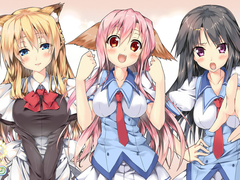 Three Anime Girls — Pink, Cheerful, School Uniforms