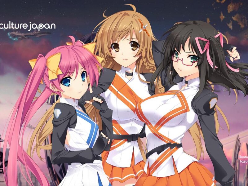 Three Anime Girls — Pink, Dramatic, Night, Spacecraft