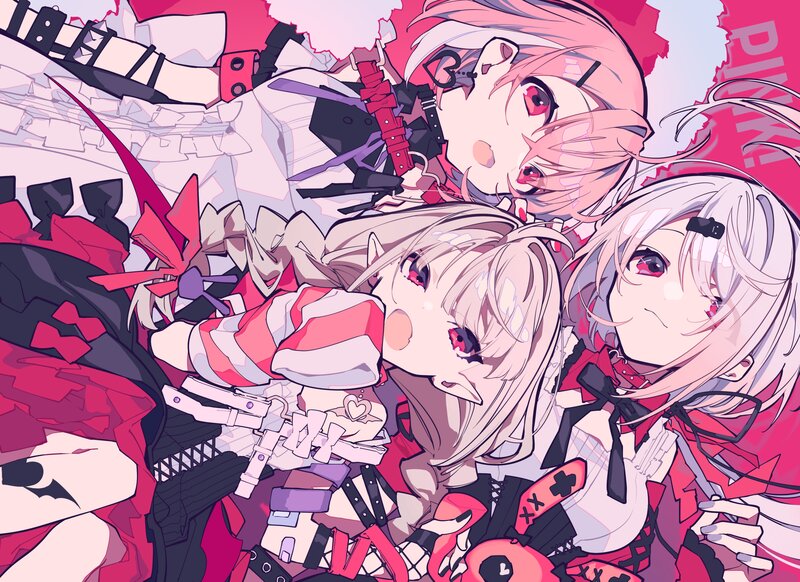 Three Anime Girls — Pink, Dramatic, Red Eyes
