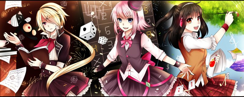 Three Anime Girls — Pink, Playful, Dice