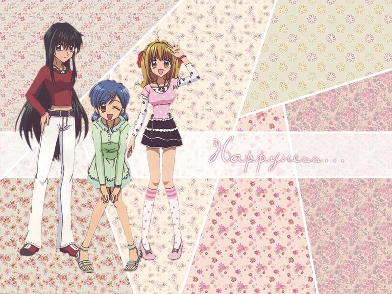 Three Anime Girls — Pink, Playful, Floral Pattern