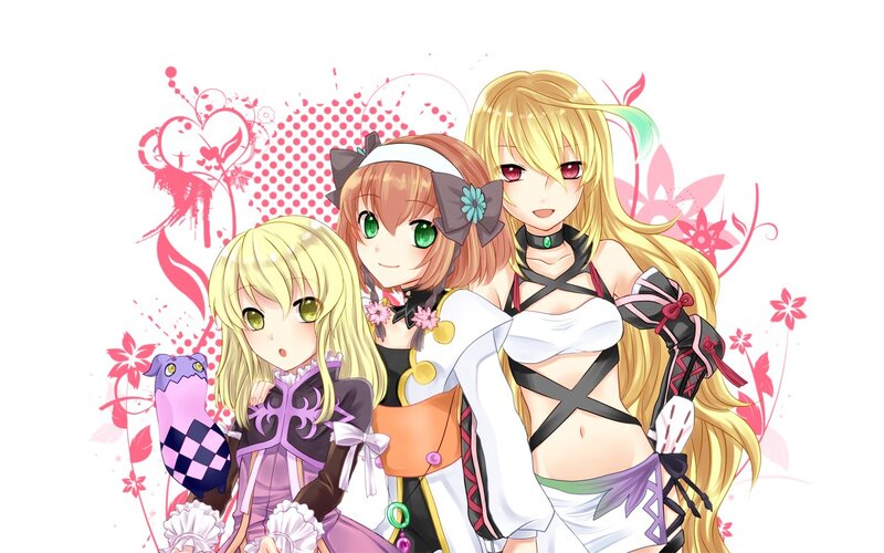 Three Anime Girls — Pink, Playful, Flowers, Bows, Animal