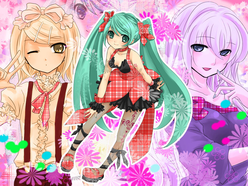 Three Anime Girls — Pink, Playful, Flowers, Bows, Long Hair