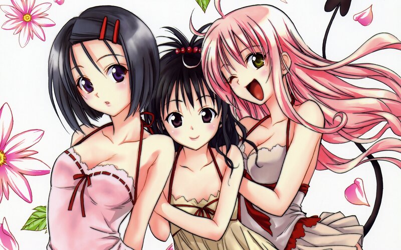 Three Anime Girls — Pink, Playful, Flowers, Hair