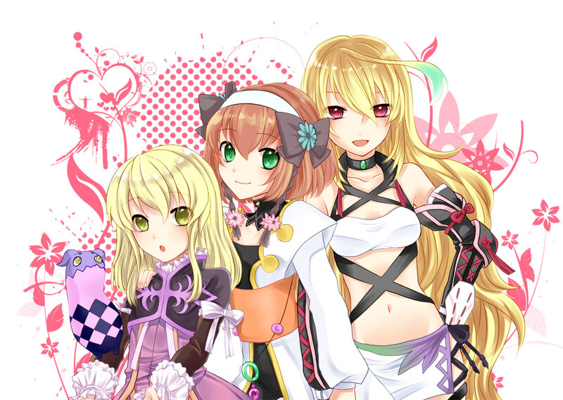 Three Anime Girls — Pink, Playful, Flowers