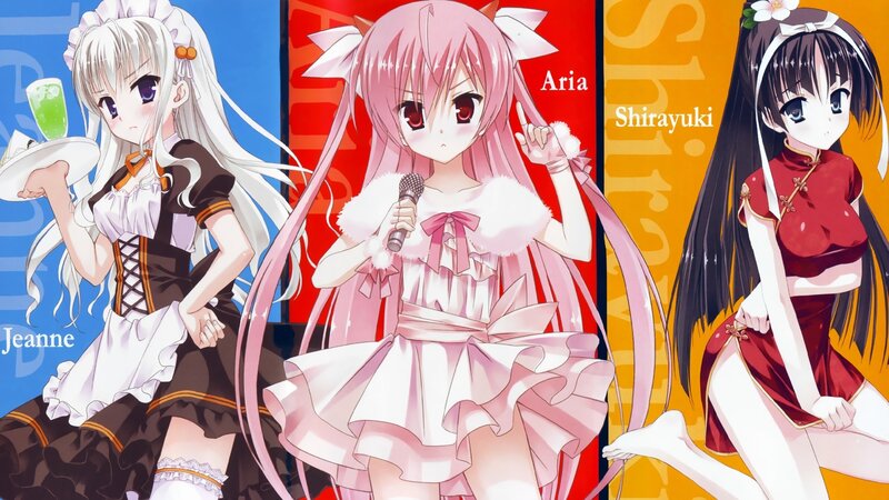 Three Anime Girls — Pink, Playful, Microphone, Dress, Hair Bow