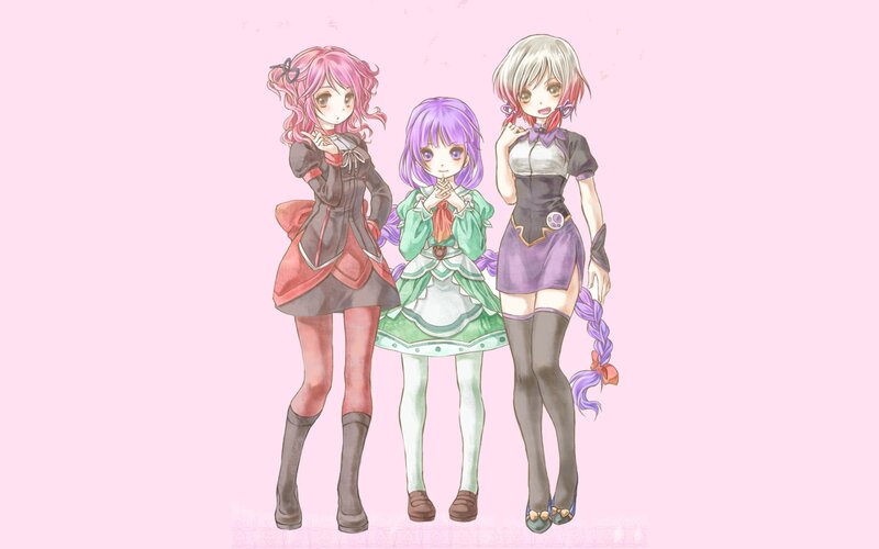 Three Anime Girls — Pink, Playful, Pink Background